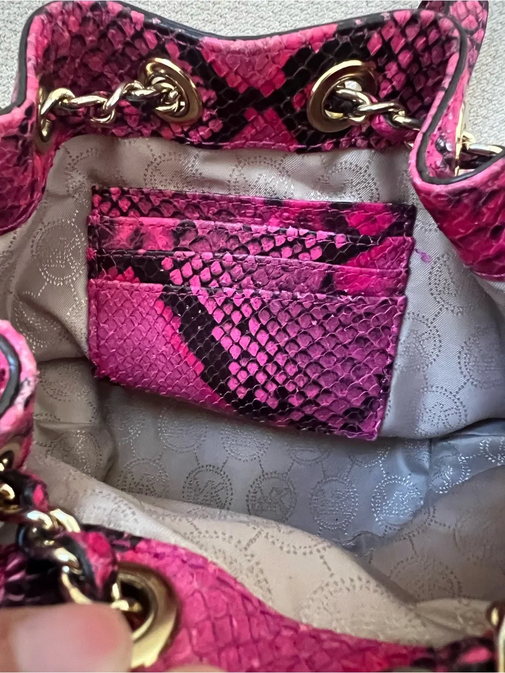 Michael Kors Hot Pink Snakeskin-Print Drawstring Crossbody